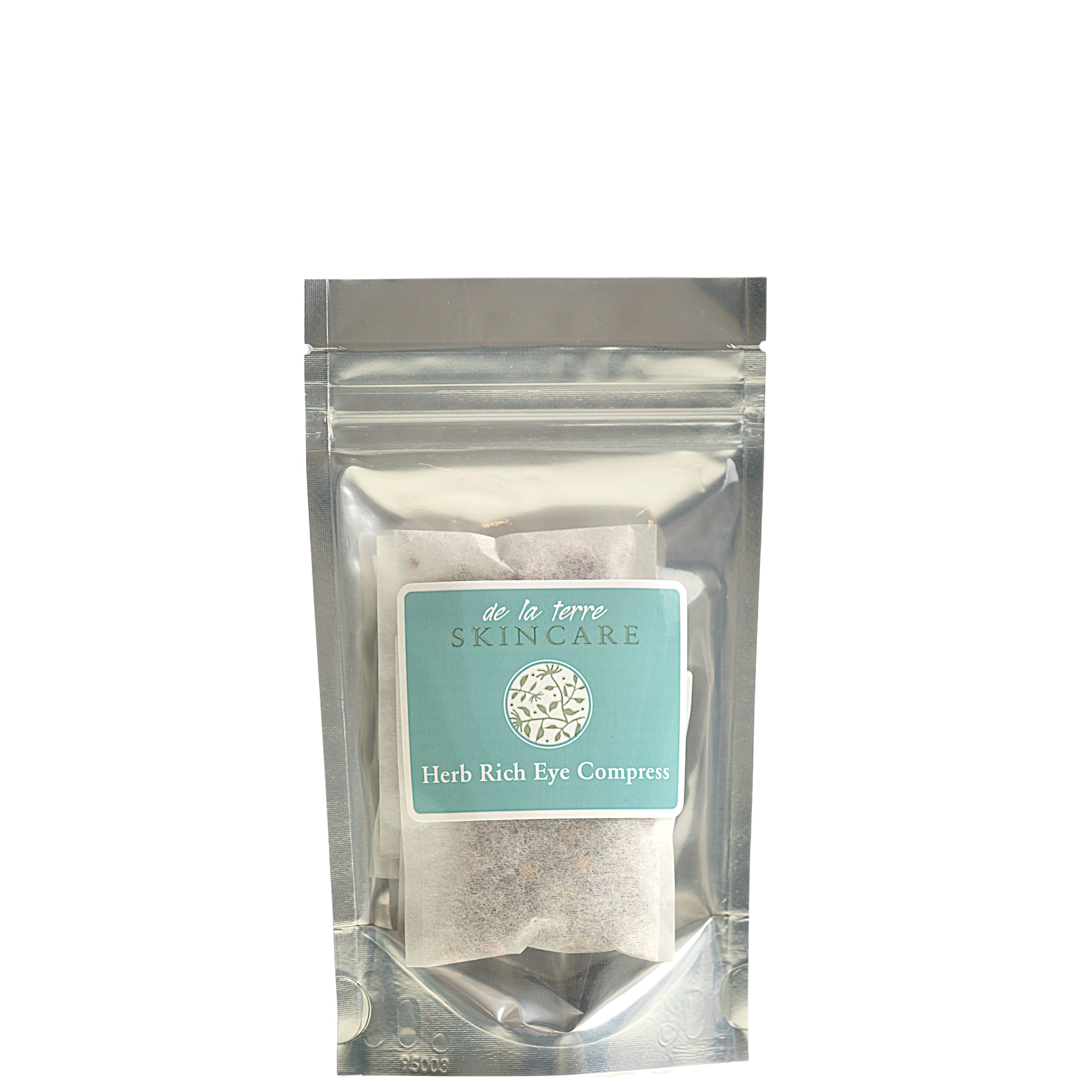 “De La Terre Skincare Herb Rich Eye Compresses packaged in resealable pouch”