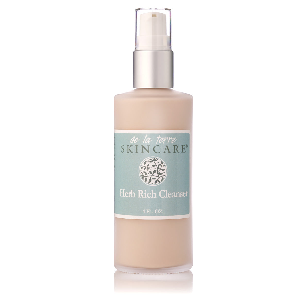 “De La Terre Skincare Herb Rich Cleanser in frosted bottle with pump on white background”