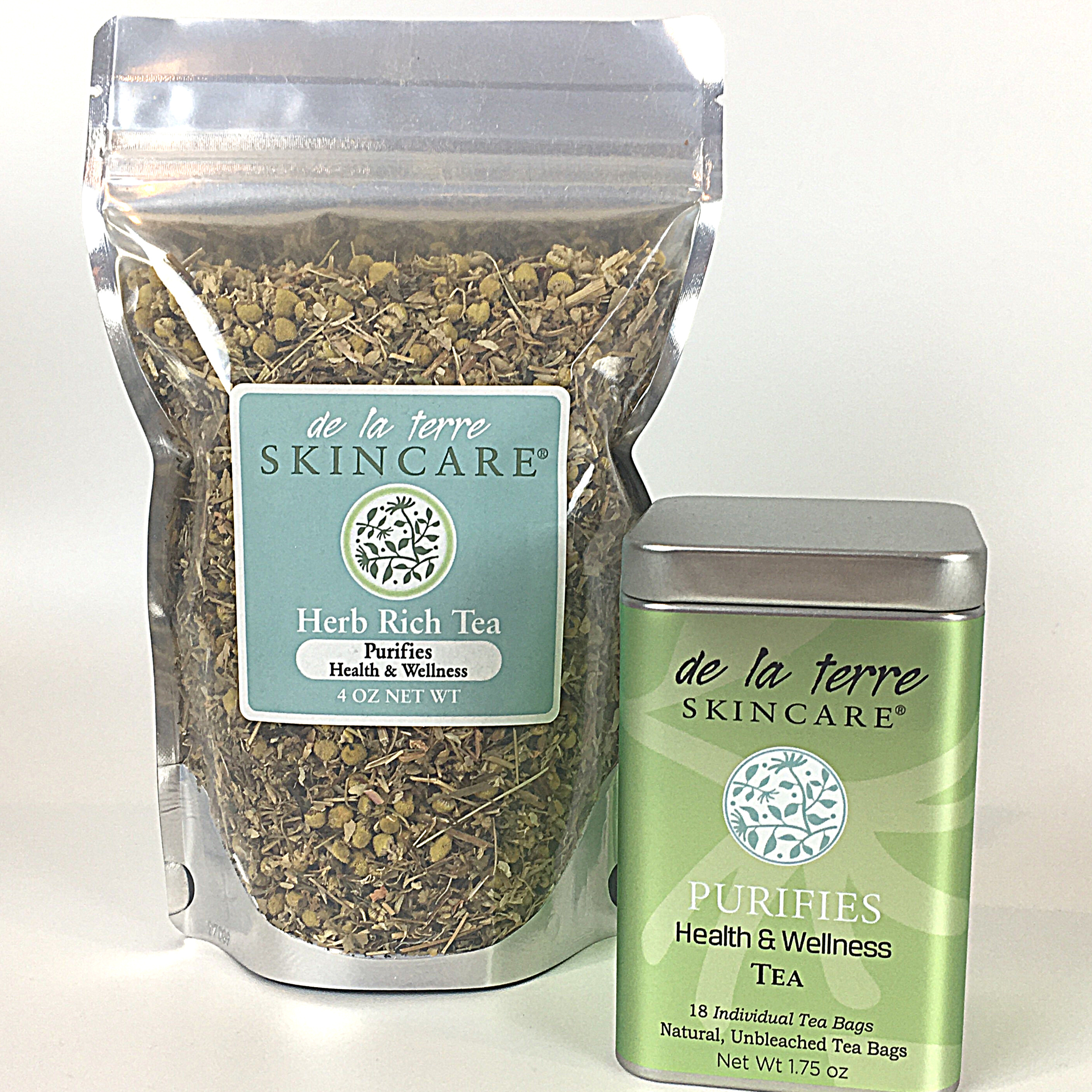 “Herb Rich Tea Purifies by De La Terre Skincare shown as loose-leaf herbal blend and tin of tea bags for health and wellness support”