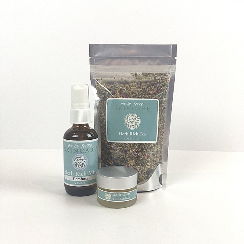 “Pregnancy Support Kit by De La Terre Skincare featuring Herb Rich Tea, Herb Rich Mist Comforts, and Herb Rich Balm for gentle, supportive care”