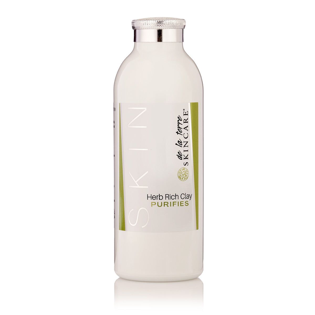 “De La Terre Skincare Herb Rich Clay Purifies packaging shown in white bottle”
