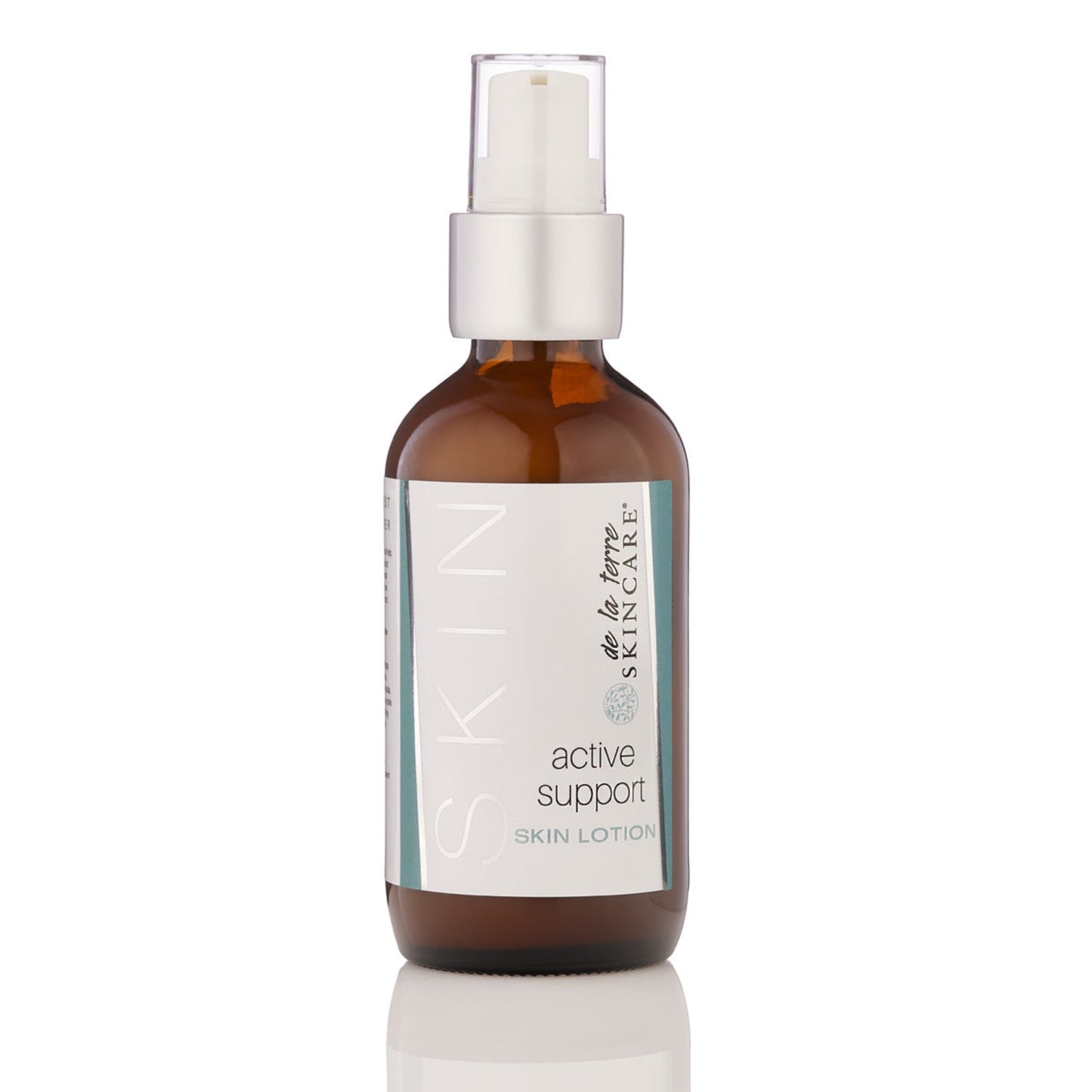 De La Terre Skincare Active Support Skin Lotion in amber glass bottle with pump, plant-based lotion designed to support the skin barrier and overall skin resilience.