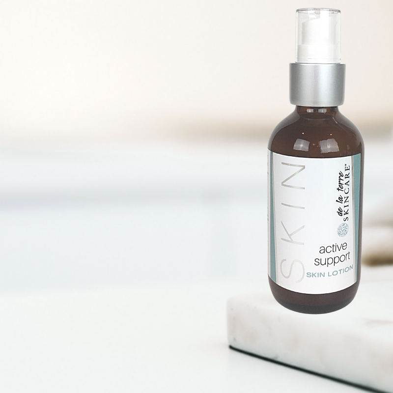 Active Support Skin Lotion by De La Terre Skincare displayed on a marble surface, a biology-informed, plant-based lotion formulated to support the skin’s natural barrier and recovery.