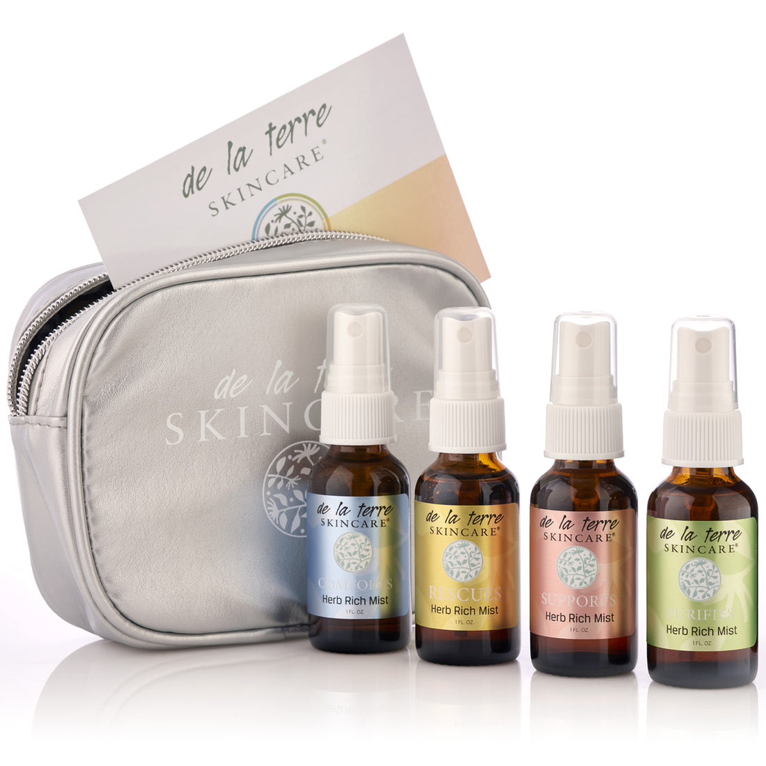 “Be Mistified Kit by De La Terre Skincare with four Herb Rich Mists and silver carrying case”