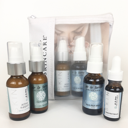 “Purifies Daily Essential Kit featuring three Herb Rich skincare treatments in a breathable De La Terre Skincare travel pouch”
