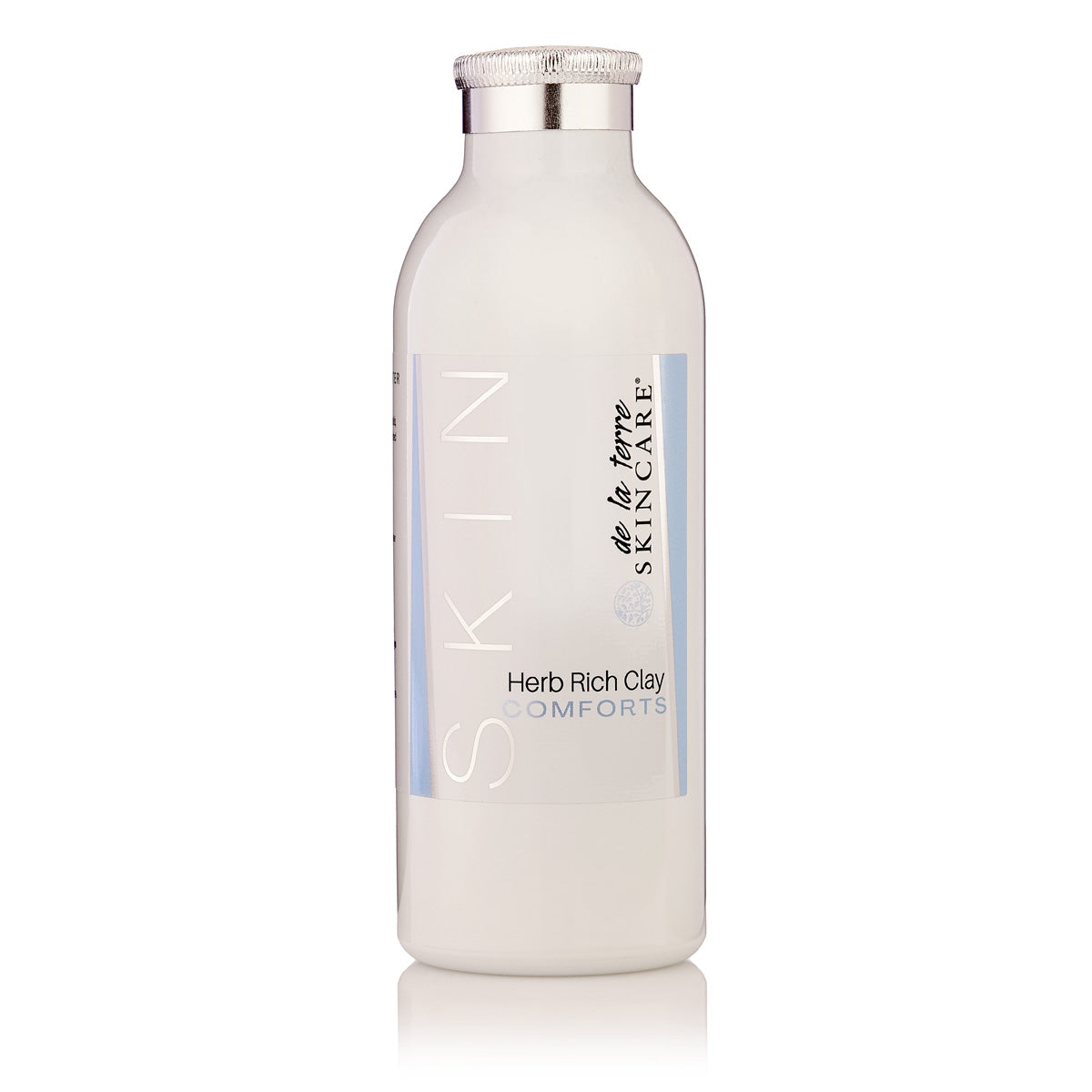 “De La Terre Skincare Herb Rich Clay Comforts packaging shown in white bottle”