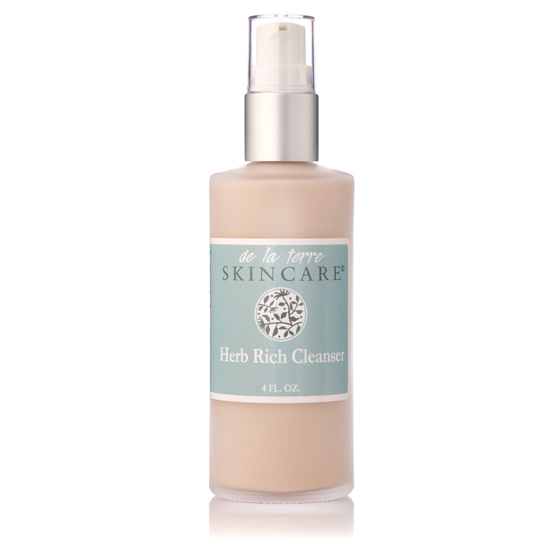 “De La Terre Skincare Herb Rich Cleanser in frosted bottle with pump on white background”