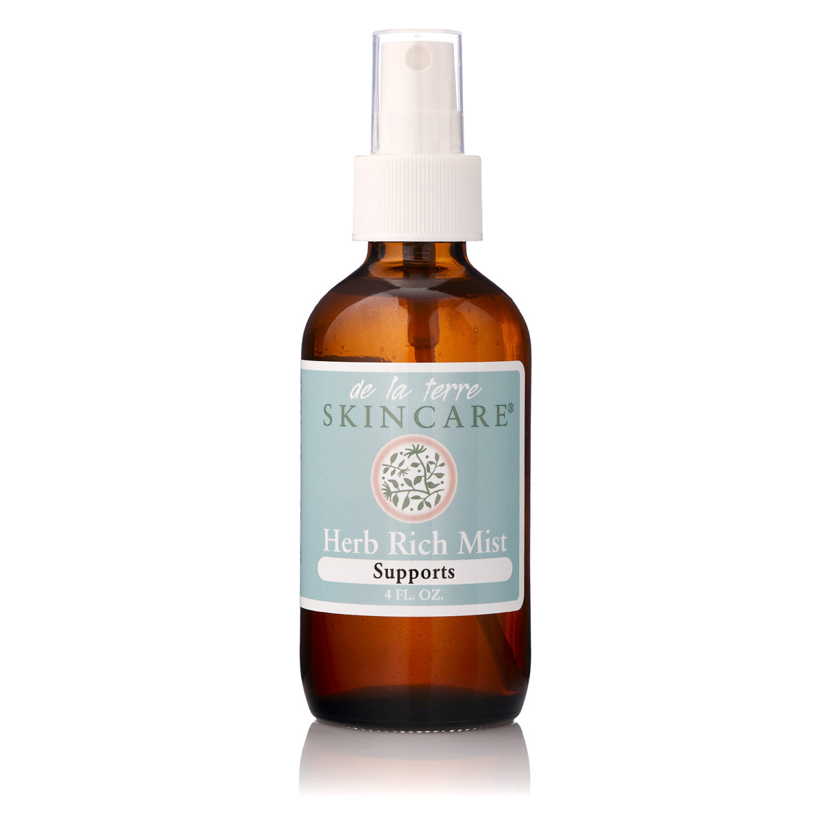 “Herb Rich Mist Supports by De La Terre Skincare in amber glass spray bottle”