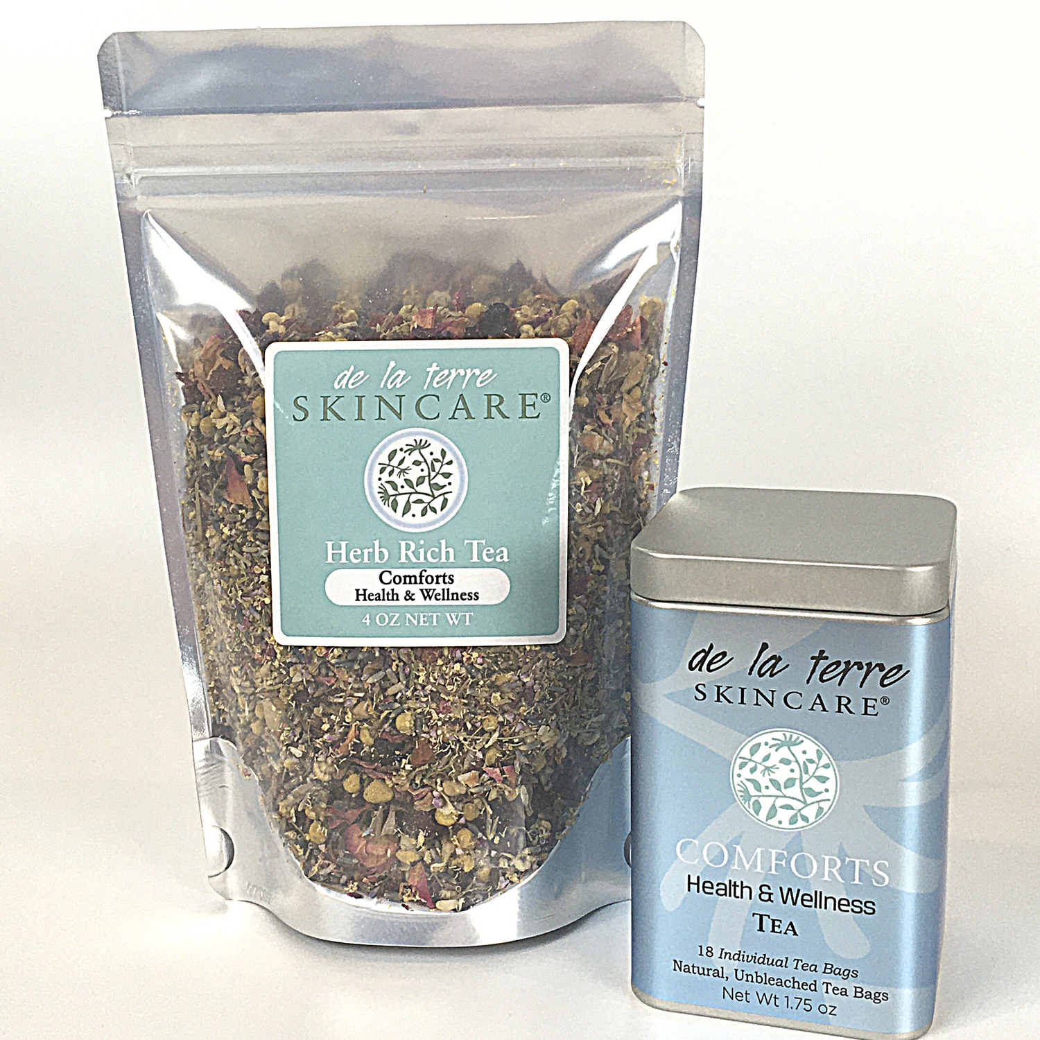 “Herb Rich Tea Comforts by De La Terre Skincare shown as loose-leaf herbal blend and tin of tea bags for health and wellness support”