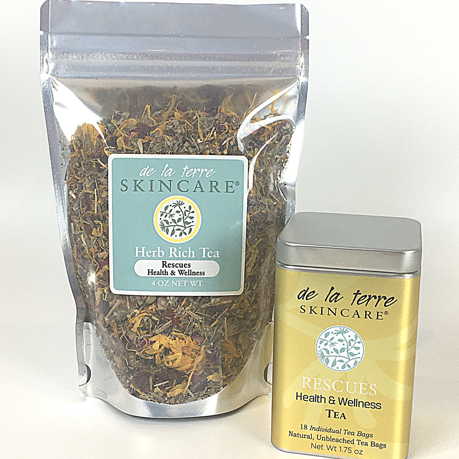 “Herb Rich Tea Rescues by De La Terre Skincare shown as loose-leaf herbal blend and tin of tea bags for health and wellness support”