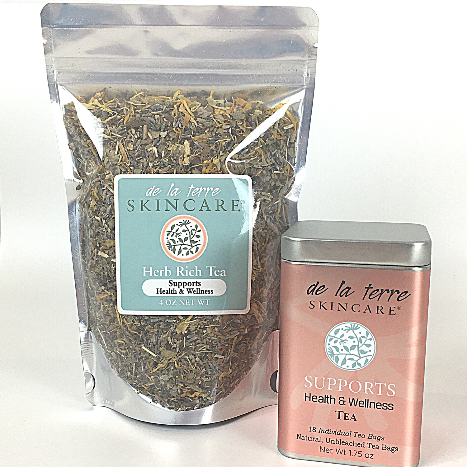 “Herb Rich Tea Supports by De La Terre Skincare shown as loose-leaf herbal blend and tin of tea bags for health and wellness support”
