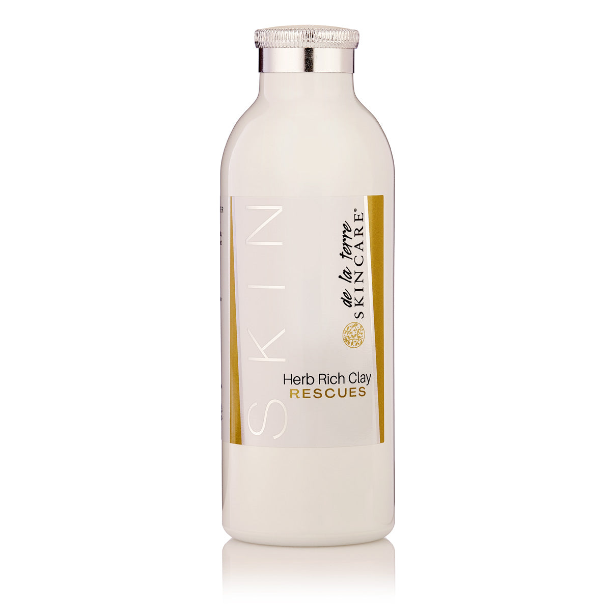 “De La Terre Skincare Herb Rich Clay Rescues packaging shown in white bottle”