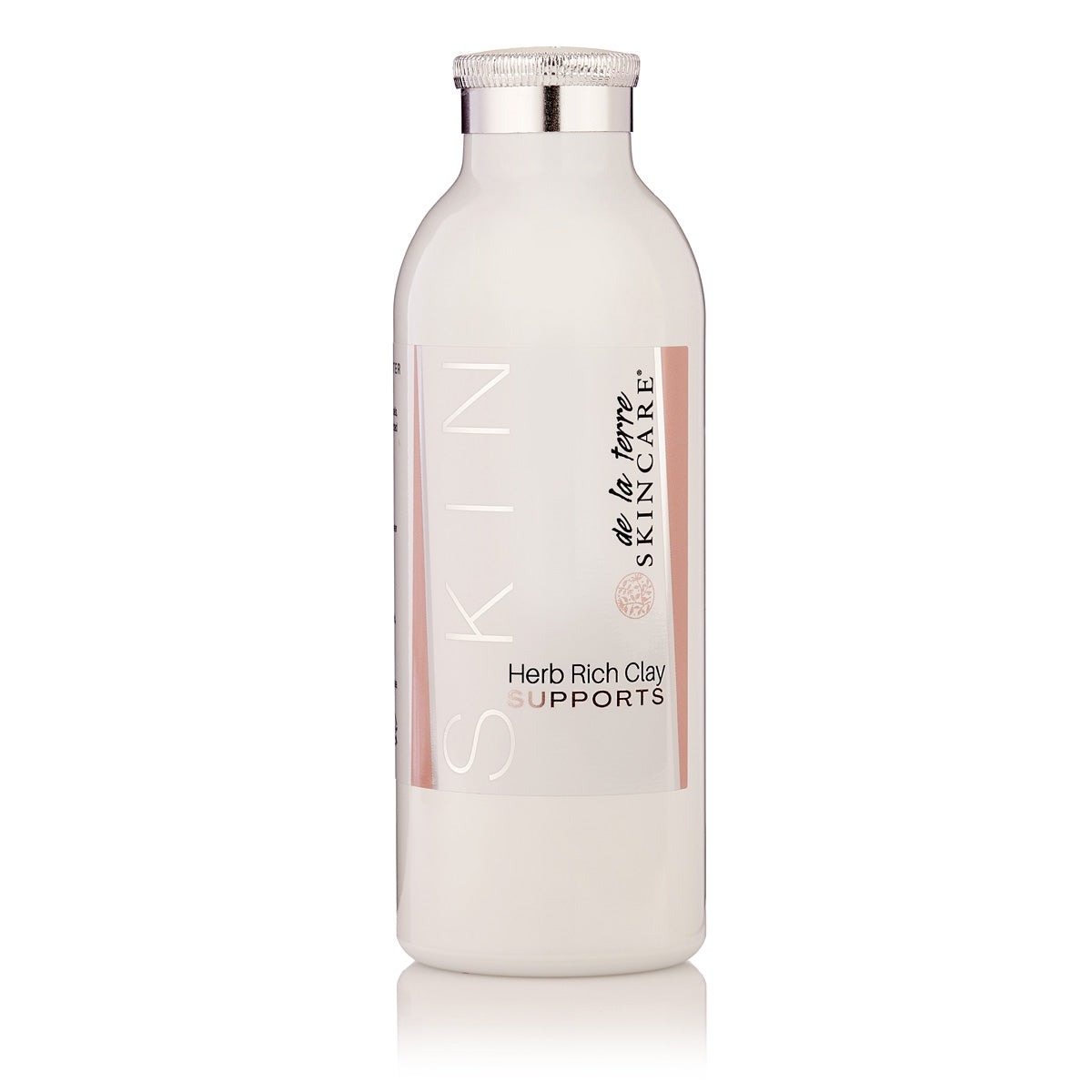“De La Terre Skincare Herb Rich Clay Supports packaging shown in white bottle”